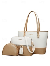 economico Borsette e borse tote-elegante set di borse da donna bicolore patchwork con decorazione a nappe - borsa a mano, borsa a tracolla e borsa piccola - perfette per il tempo libero quotidiano, per andare al lavoro