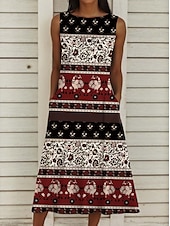 tanie Sukienki boho-Damskie Sukienka midi Zabytkowa sukienka Sukienka paisley Sukienka etniczna Sukienka letnia Bohema Urlop Codzienny Urlop Regularny Graficzny Geometryczny Zabytkowe Bez rękawów Półgolf Czerwony Lato