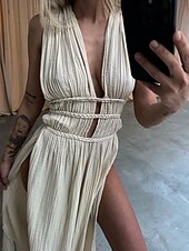 ieftine proiectează rochii din bumbac și in-Pentru femei Rochie Lunga Rochie Maxi Rochii inspirate din in Rochie în carouri Rochie casual Rochie de vară Modă În aer liber Concediu Dată Fit regulat Simplu Fără manșon În V Negru Maro Bej Var