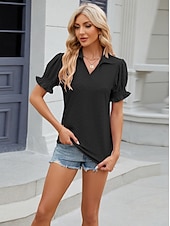 cheap Lace Tops-Women&#039;s Boho T-shirt Plain Bohemia Cute Stylish Short Sleeve Puff Sleeve V Neck Shirt Collar Regular Tops Daily Going out Weekend Ruffle Eyelet Sage Green Black White Pink Wine Summer