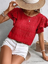 cheap Work Tops-Women&#039;s Blouse Solid Color Elegant Daily Stylish Short Sleeve Crew Neck Regular Tops Daily Holiday Going out Ruffle Patchwork Sage Green Red Navy Blue Purple Green Summer Spring