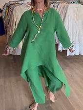 preiswerte Kleider-Damen Leinen-inspirierte Kleider Mode Streetwear Alltagskleidung Date Normale Passform Einfarbig Langarm Rundhalsausschnitt Gelb Grün Hellgrau Frühling Herbst
