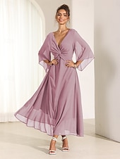 economico Abiti da festa-abito da cocktail per invitati a nozze da donna in chiffon tinta unita con volant intrecciato elegante abito lungo estivo scollo a V svasato manica a 3/4