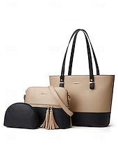 economico Borsette e borse tote-elegante set di borse da donna bicolore patchwork con decorazione a nappe - borsa a mano, borsa a tracolla e borsa piccola - perfette per il tempo libero quotidiano, per andare al lavoro