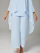 voordelige Broekpakken van mama-Jumpsuit  Pantsuit Moeder van de Bruid  Bruiloft Gast Elegante Plus Size Bateau Hals Vloerlengte Chiffon Mouwloos Wrap Inclusief met Effen Kleur 2025