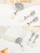 abordables Collar de mujer-Elegante conjunto de joyas nupciales de perlas: collar de doble capa y aretes colgantes con detalles de diamantes de imitación, accesorios de boda vintage para mujeres, joyas formales para fiestas y veladas
