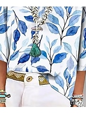 economico Bluse Floreali-Camicia da donna a bottone giù blusa floreale vintage tropicale quotidiana a maniche 3/4 scollo a V top regolari quotidiani stampa blu estate primavera