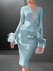 abordables Longueur du thé-Robes de Cocktail Svelte Élégante Robe Formelle Automne Longueur Genoux Manches Longues Col V Ceinture  Ruban Tissu Extensible avec Volants en Plumes Robe de Jour de Course taille sur mesure gratuite