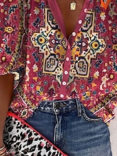 levne Boho topy-Dámské Košile Halenka Grafika Elegantní Denní stylové 3/4 délka rukávu Stojáček Běžné topy Denní Dovolená Jdeme ven Knoflíky Rubínově červená Trávová zelená Duhová Šedá Léto Jaro Podzim