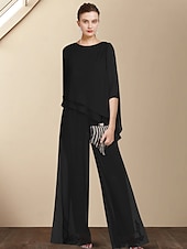 billiga Mammas byxdräkter-Tvådelat Jumpsuit  Byxdress Mor till Bruden Bröllopsgäst Elegant Plus Size Juvelhals Golvlång Chiffong 3/4 Lång Ärmar med Applikationer 2025 gratis skräddarsydd storlek