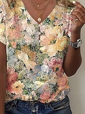 abordables Hauts Floraux-Blouse pour femmes graphique floral décontractée manches courtes col en V hauts réguliers quotidien impression jaune été