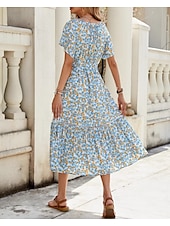 billiga Blommiga klänningar-Dam Midiklänning Wrapklänning A linjeklänning Sommarklänning Midi klänning bohemliv Vintage Ledigt Fjärilsärmar Semester Fest Födelsedag Formpassad Blommig Grafisk Kortärmad Knyt hals Blå Sommar