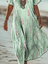 tanie Sukienka Sztuka i Design-Damskie Sukienka maxi Codzienne sukienki Sukienka letnia Sukienka A line Letnie sukienki Bohema Urlop Zabytkowe Urlop Codzienny Regularny Kwiaty Graficzny Przejście kolorów Krótki rękaw W serek