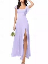 baratos Vestidos para Madrinhas-Linha A Vestido de Madrinha Scoop pescoço Manga Curta Elegante Longo Chiffon / Elastano com Fru-Fru / Pregueado / Fenda Frontal 2022