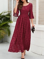tanie Formalne zimowe-Damskie Sukienka midi Koronkowa sukienka Sukienka maxi Sukienka A line Elegancja Elegancki Codzienny Rozkloszowany rękaw Urlop Impreza Codzienny Regularny Równina Krótki rękaw Półgolf Czarny Wino