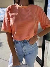 billige Plain t-skjorte-Bluse Dame Hvit Rosa Rød Stribe Printer Daglig Elegant Rund Normal S