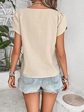 abordables Blusas Sencillas-Mujer Camisa de verano Camisa casual Blusa Botones Color sólido Elegante Casual Manga Corta Escote en Pico Tops regulares Diario Playa Festivos Negro Rojo Azul Marino Verde Trébol Albaricoque Verano
