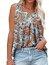 tanie Sklep graficzny Top tanki &amp; Camis-Kobieca bluzka na ramiączkach top kwiatowy stylowy casual bez rękawów z kwadratowym dekoltem regularna codzienna niebieska latem