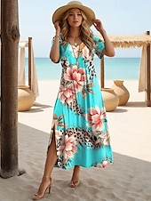 cheap Floral Dress-Women&#039;s Maxi Dress Long Sleeve Boho Dress Elegant Vintage Butterfly Sleeve Vacation Beach Regular Fit Floral Leopard Vintage Short Sleeve Crew Neck Pink Blue Green Summer