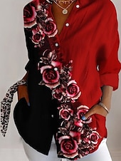 preiswerte Blumenoberteile-Damenhemd Langarm Knopfbluse Blumengrafik Alltag Stilvoll Retro Vintage Hemd Kragen Reguläre Tops Alltag Feiertag Ausgehen Knöpfe Rot Khaki Sommer Frühling
