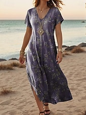 tanie Sukienki boho-Damskie Sukienka maxi Codzienne sukienki Sukienka A line Elegancki Codzienny Urlop Codzienny Regularny Kwiaty Zabytkowe Krótki rękaw W serek Jasnozielony Niebieski Fioletowy Ciemnoniebieski Lato