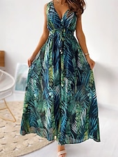 abordables Robes de vacances-Femme Robe Maxi Robe casual mode Décontractées Vacances Casual du quotidien Standard Graphic Sans Manches Col V Noir Blanche Bleu Vert Eté Printemps