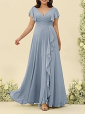 baratos Vestidos para Madrinhas-Linha A Vestido de Madrinha Decote V Manga Curta Elegante Longo Chiffon com Fru-Fru / Franzido 2022