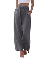 baratos Calça-Mulheres Atrevido Calças de linho de algodão chinês Moda Básico Comprimento total Cintura Média Tecido Bolsos Com Cordão Conforto Exterior Micro-Elástica Férias Rua Diário Adamascado Cinzento Escuro