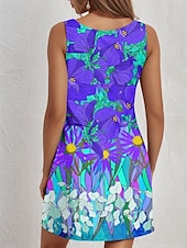ieftine Rochii florale-Pentru femei Rochie Mini Rochie A line Rochie de vară Rochie cu umeri Vacanță Casual Zilnic Potrivire Largă Floral Grafic Fără manșon În U Albastru piscină Vară