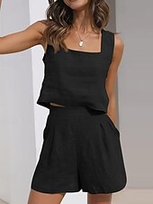 preiswerte Sets-Damen Mode Streetwear Hemd Baumwoll-Leinen-Sets Zweiteilige Sets Leinenhosen Baggy-Shorts Ärmellos Quadrathals Einfarbig Alltagskleidung Date Schwarz Braun Khaki Sommer Normale Passform