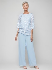 preiswerte Hosenanzüge für Mama-Jumpsuit  Hosenanzug Brautmutter Blumenspitze Elegant Einfach Minimalistisch Bootsausschnitt Bodenlange Chiffon 3/4 Länge Ärmel mit Rüschchen Kaskadierende Rüschen Einfarbig