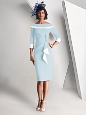 cheap Tea Length-Sheath / Column Mother of the Bride Dress Elegant Vintage Simple Off Shoulder Tea Length Crepe 3/4 Length Sleeve Jacket Dresses with Ruffles Color Block Race Day Dress