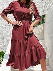 preiswerte Blumenkleider-Damen kleid lang Maxidress A Linie Kleid Basic Brautkleider schlicht Urlaub Arbeit Casual Regular Fit Glatt Halbe Ärmel Rundhalsausschnitt Schwarz Burgunderrot Grün Sommer Frühling Herbst