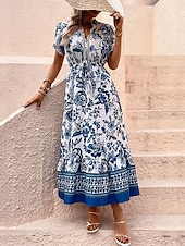tanie Wakacyjne sukienki-Damskie Sukienka maxi Sukienka A line Sukienka w kwiatki Sukienka Boho Elegancki Codzienny Urlop Codzienny Regularny Kwiaty Krótki rękaw W serek Niebieski Lato Wiosna
