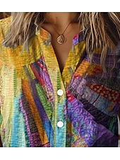 preiswerte Damen Streifen- und geometrische Oberteile-Damenhemd V-Ausschnitt Button-Down Bluse Floral Elegant Vintage Tropisch Kurzarm Hemd Kragen Reguläre Oberteile Täglich Knöpfe Druck Regenbogen Sommer