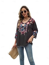 billige Boho topper-Dame Boho skjorte Helfarge Blomstret Bohem Daglig Luksuriøs 3/4 ermer 3/4-ermer Crew-hals Vanlige topper Arbeid Daglig Ut på byen Broderi Svart Gul Rose Rosa Sommer