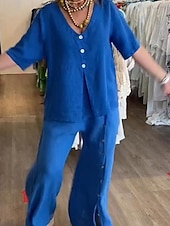 preiswerte Sets-Damen Mode Streetwear Hemd Baumwoll-Leinen-Sets Zweiteilige Sets Leinenhosen Hosen Hose Kurzarm V Ausschnitt Einfarbig Kordelzug Alltagskleidung Date Schwarz Weiß Blau Sommer Normale Passform