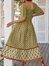 tanie Wakacyjne sukienki-Damskie Sukienka maxi Codzienne sukienki Sukienka rozkloszowana Sukienka A line Elegancki Codzienny Urlop Codzienny Regularny Kwiaty Krótki rękaw Kwadratowy dekolt Żółty Rumiany róż Pomarańczowy