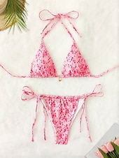 billiga Bikiniset-Dam Badkläder Bikini 2 st G-string Baddräkt Öppen rygg Smal Semester Standkläder Blommig V-hals Ärmlös Baddräkter