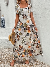 tanie Sukienki kwiatowe-Damskie Sukienka maxi Codzienne sukienki Sukienka A line Letnie sukienki Urlop Zabytkowe Etniczne Codzienny Regularny Kwiaty Graficzny Krótki rękaw Kwadratowy dekolt Khaki Lato Wiosna
