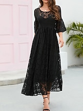 tanie Formalne zimowe-Damskie Sukienka midi Koronkowa sukienka Sukienka maxi Sukienka A line Elegancja Elegancki Codzienny Rozkloszowany rękaw Urlop Impreza Codzienny Regularny Równina Krótki rękaw Półgolf Czarny Wino