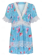 tanie Sukienki kwiatowe-Damskie Sukienka mini Sukienka gorsetowa Sukienka A line Sukienka z falbanami Sukienka z bufiastymi rękawami Urlop Elegancki Codzienny Urlop Codzienny Regularny Kwiaty Krótki rękaw W serek Biały