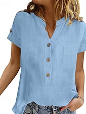 baratos Camisas-Mulheres Camisa Social Camisa de linho Camisas de algodão e linho Tecido Diário à moda Básico Manga Curta Colarinho de Camisa Tops regulares Trabalho Diário Feriado Botões Rosa Azul Rosa cor de Rosa