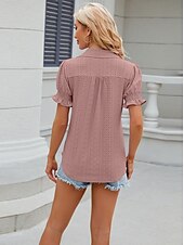 cheap Lace Tops-Women&#039;s Boho T-shirt Plain Bohemia Cute Stylish Short Sleeve Puff Sleeve V Neck Shirt Collar Regular Tops Daily Going out Weekend Ruffle Eyelet Sage Green Black White Pink Wine Summer