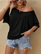 abordables T-shirt uni-T- shirt pour femmes Couleur Unie Basique Décontractée Manches 3/4 Col Ronde Hauts Quotidiens Noir Rouge Abricot Gris Été Printemps