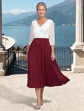 olcso Tea hossza-A-vonalú ruha menyecske anyukájának Elegáns Egyszerű V nyak Tea hosszúságú Chiffon 3/4 Hosszú ujjú Csipkével Egyszínű Midi ruha 2025