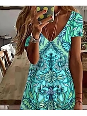 olcso Boho ruhák-Női Mini ruha hétköznapi ruha Elegáns Csehország Szüret Napi Normál Virágos Grafika Boho Paisley Damaszk Rövid ujjú Terített nyak Világoszöld Nyár