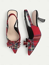 cheap Slingback Pumps-Women's Tartan Plaid Slingback Heels – Pointed Toe Kitten Heels with Bow Detail, Elegant Pumps for Parties &amp; Office Wear
