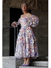cheap Cocktail Dresses-Floral Embroidered A-Line Formal  Mother of the Bride Dress Wedding Elegant Vintage Square Neck Ankle Length Tulle Long Sleeve with Appliques Flower 2025