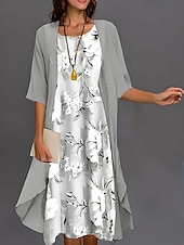 abordables Robe Fleurie-Robe de graduation pour femmes Robe Midi Robe en chiffon Robe droite Élégante Vacances Fluide Formelle Mariage Invité de mariage Quotidienne Coupe ample Florale À manches mi-longues Col rond Gris Été